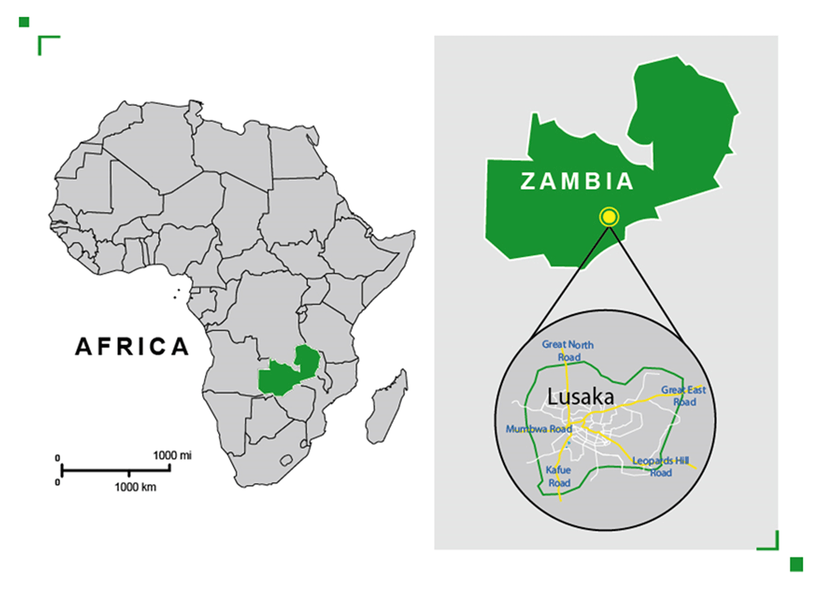 Map of Africa showing Zambia and Lusaka.