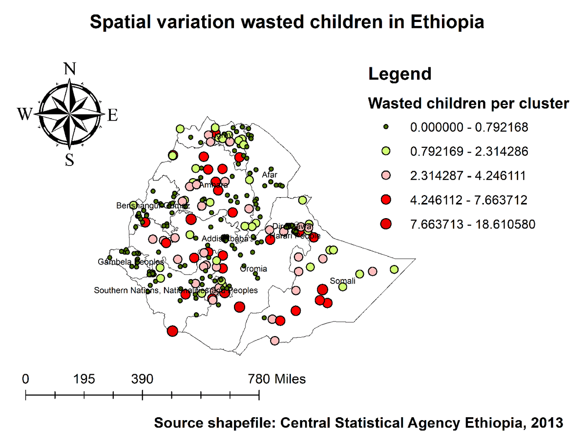 Spatial distribution of wasting among under-five children in Ethiopia, 2019 EDHS.