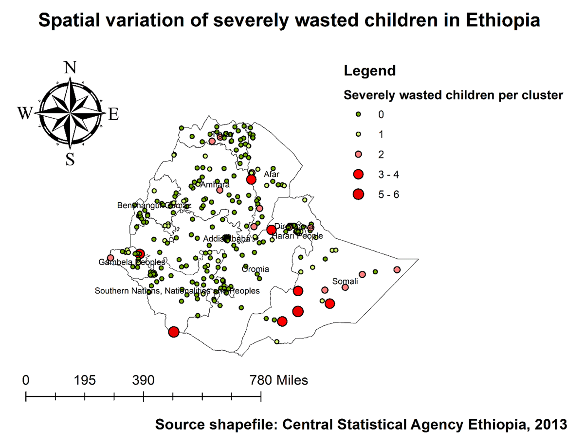 Spatial distribution of severely wasted under-five children in Ethiopia, 2019 EDHS.