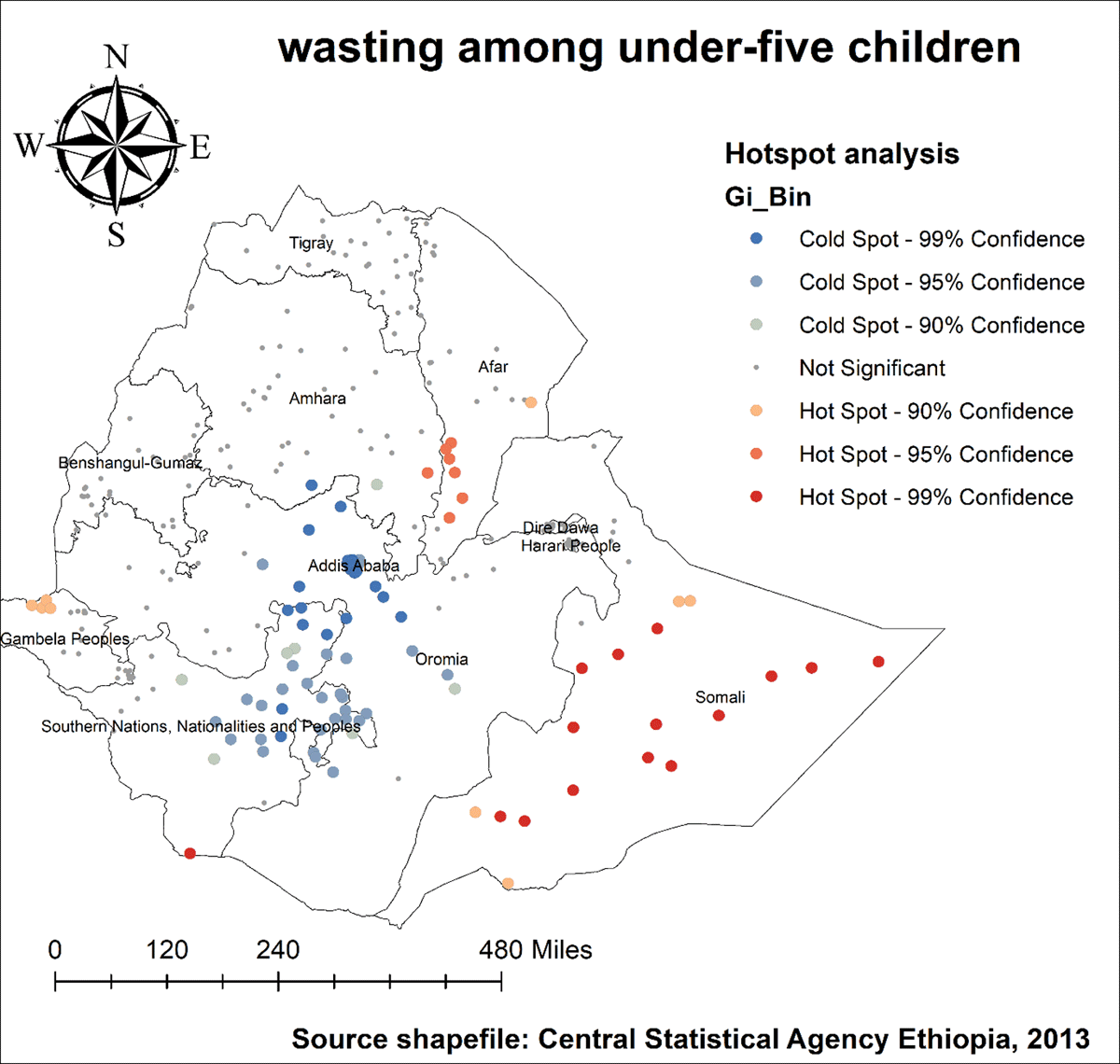 Hotspot analysis of wasting among under-five children in Ethiopia, 2019 EDHS.