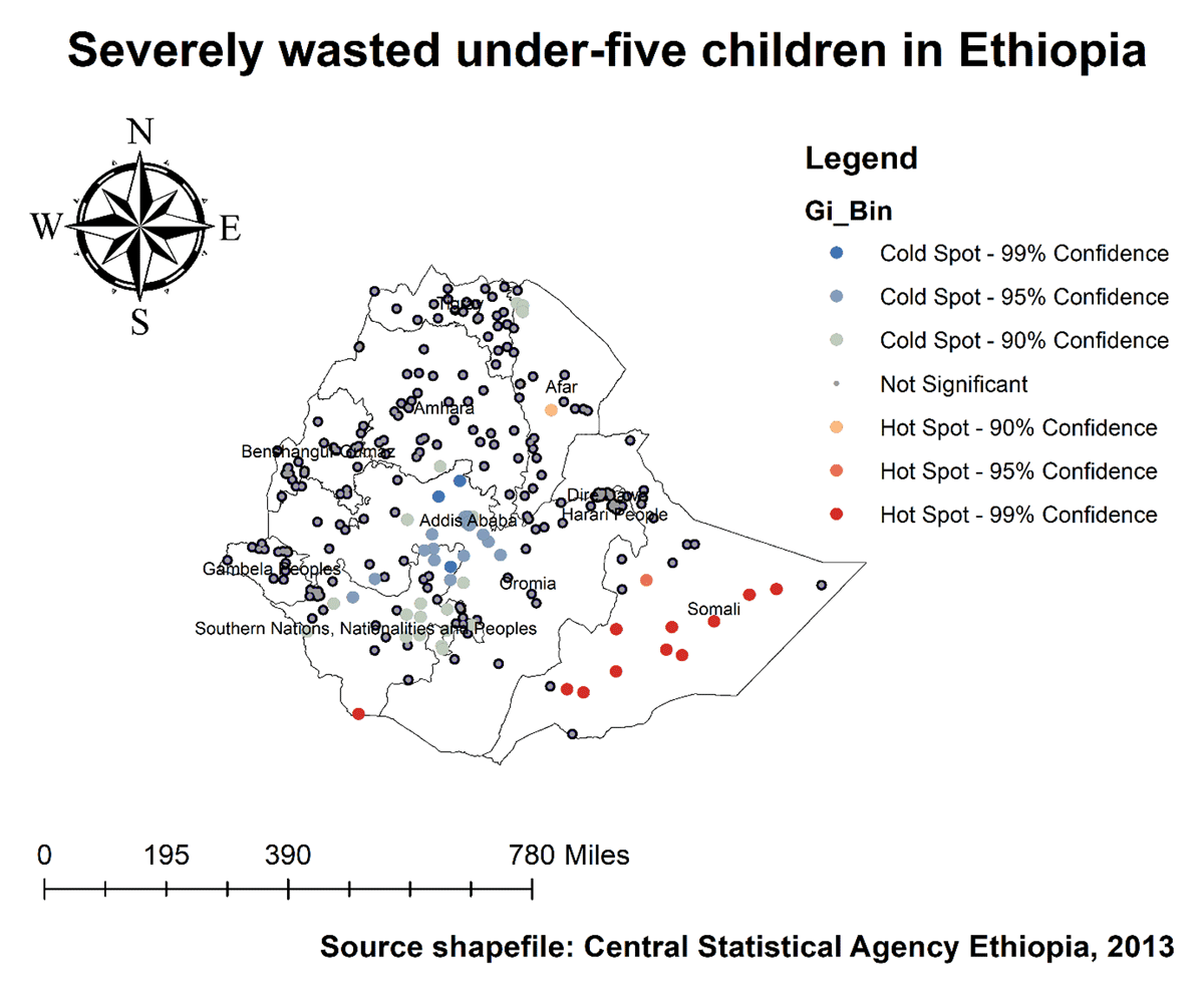 Hotspot analysis of severely wasted under-five children in Ethiopia, 2019 EDHS.