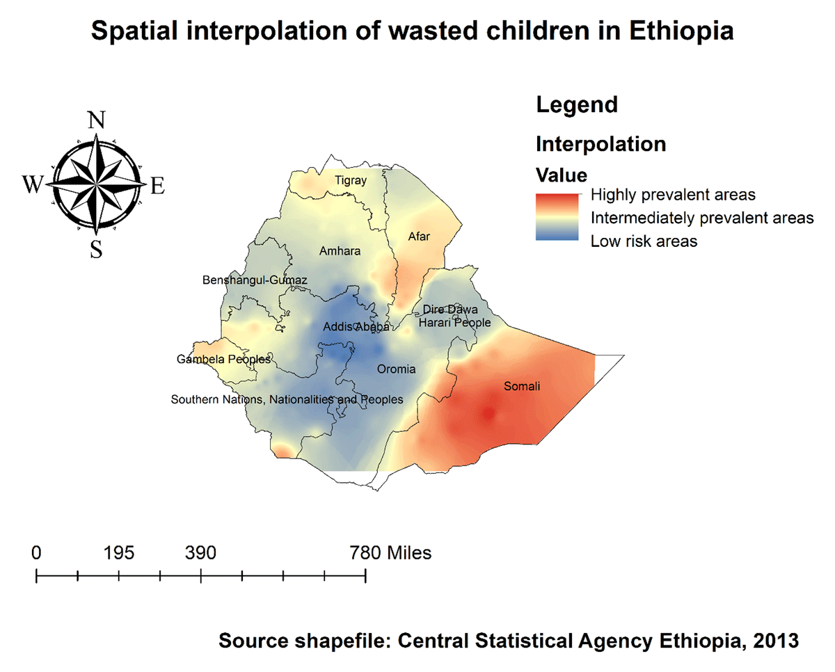 Spatial Interpolation of wasting among under-five children in Ethiopia, EDHS 2019.