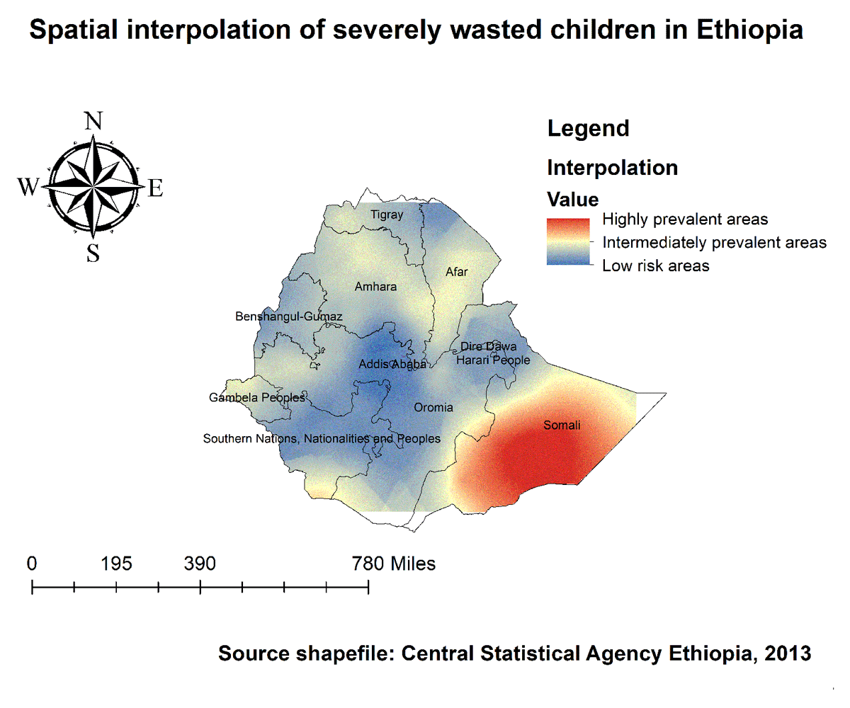 Spatial Interpolation of severely wasted children in Ethiopia, EDHS 2019.