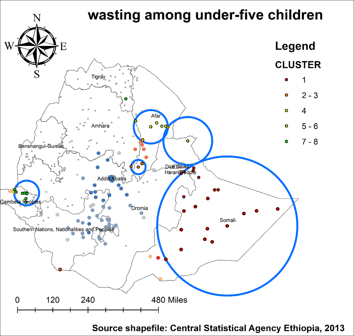 SaTScan scan analysis of wasting among under-five children in Ethiopia, 2019 EDHS.