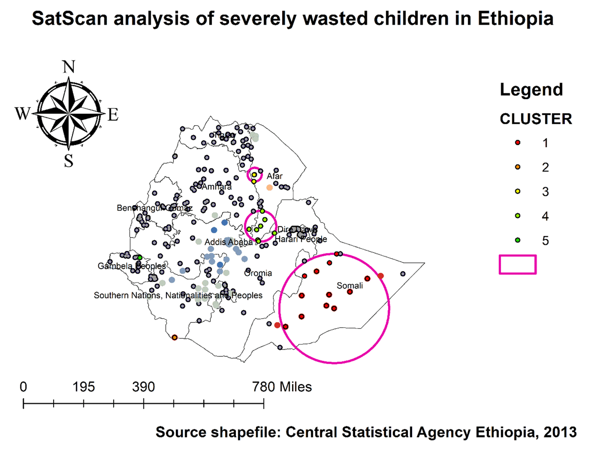 SaTScan scan analysis of severely wasted children in Ethiopia, 2019 EDHS.
