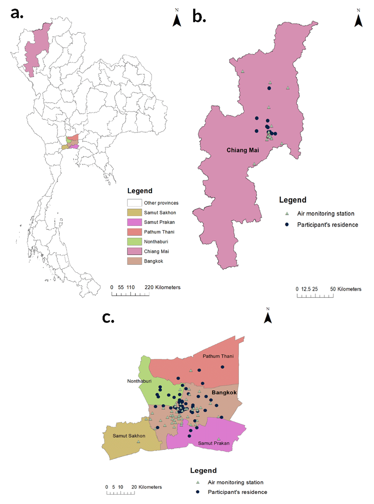 Study area in overview (A), the location of air monitoring station and residence of participants in each study site (Ramathibodi Hospital and Nakornping Hospital) are illustrated in B. and C. respectively