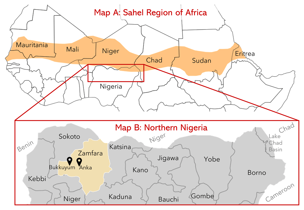 Map A shows the northern Africa region, with the Sahel in orange