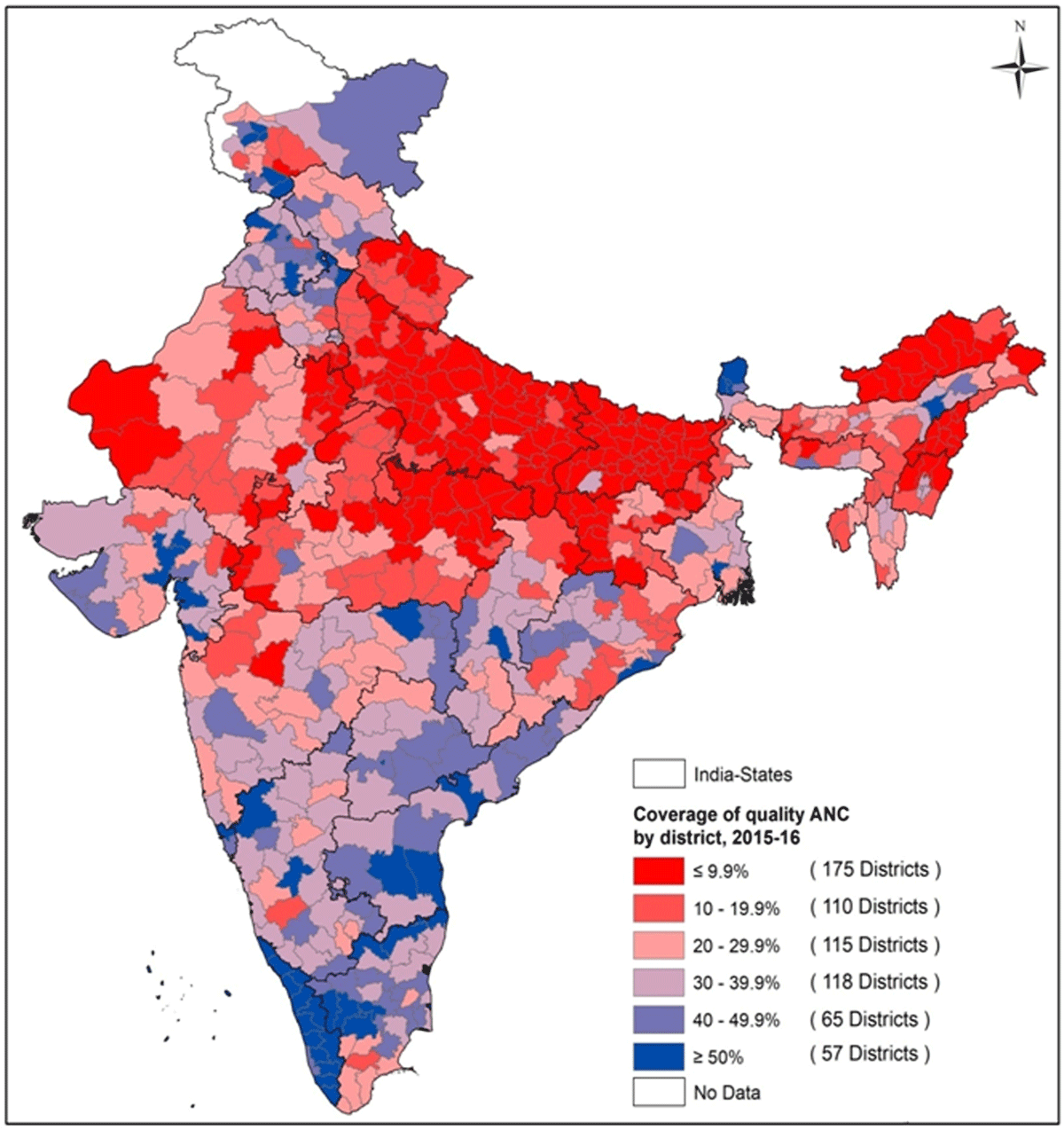 Spatial variation for utilization of quality ANC across 640
                            districts of India, 2015–16