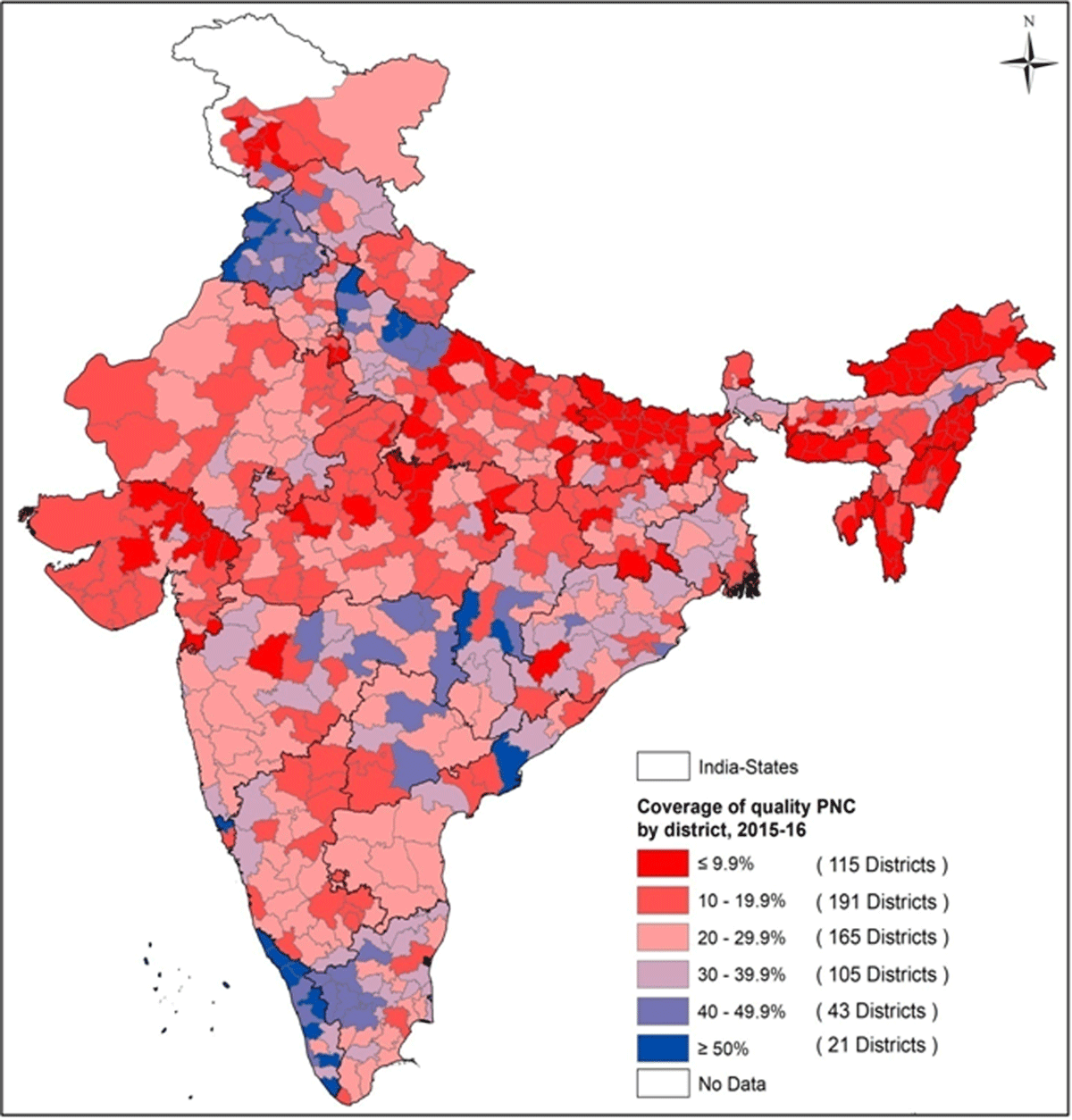 Spatial variation for utilization of quality delivery care across
                            640 districts of India, 2015–16