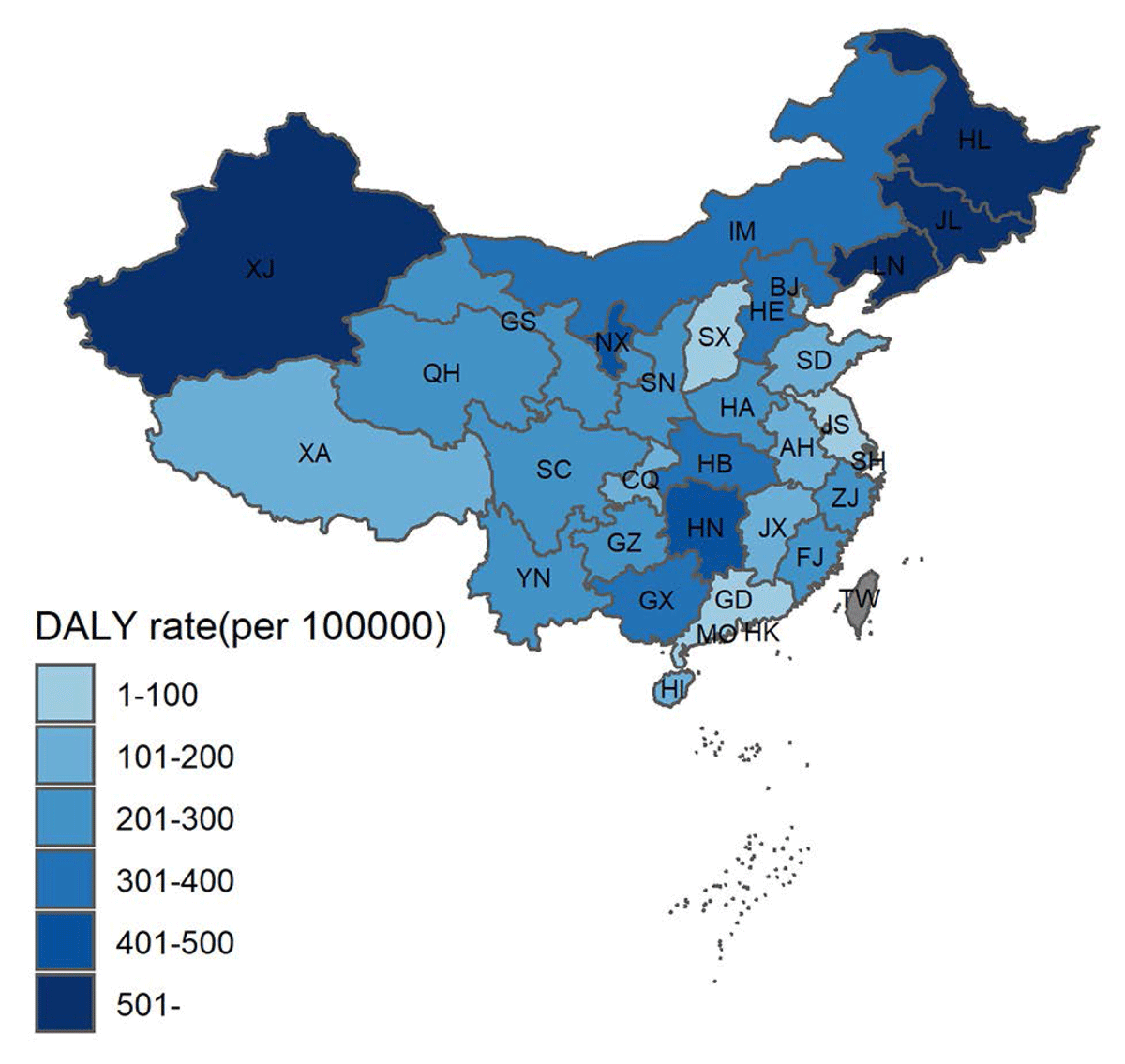 Map of age-standardized CHD DALY rate induced by foodborne iAs intake in China