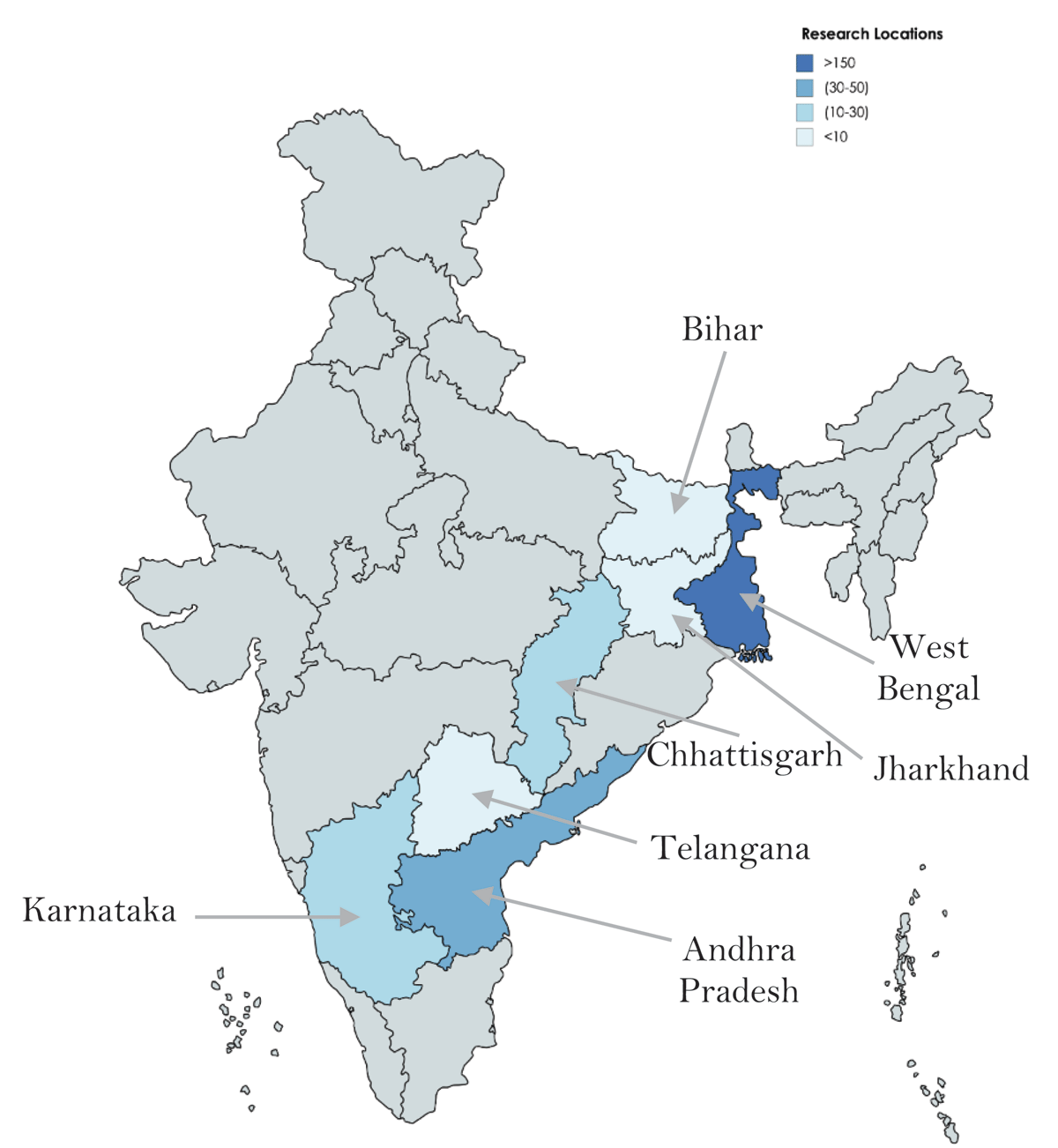 Color-coded state-level map of India highlighting surveying locations