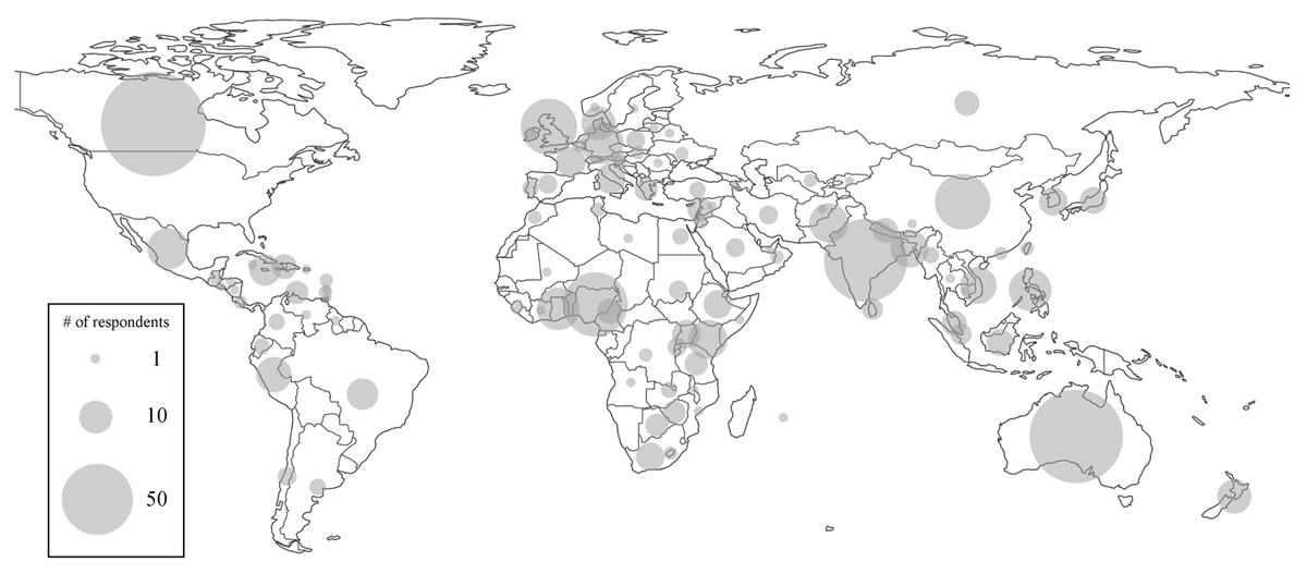 Map demonstrating non-U.S. citizenships of curriculum respondents across 106 countries