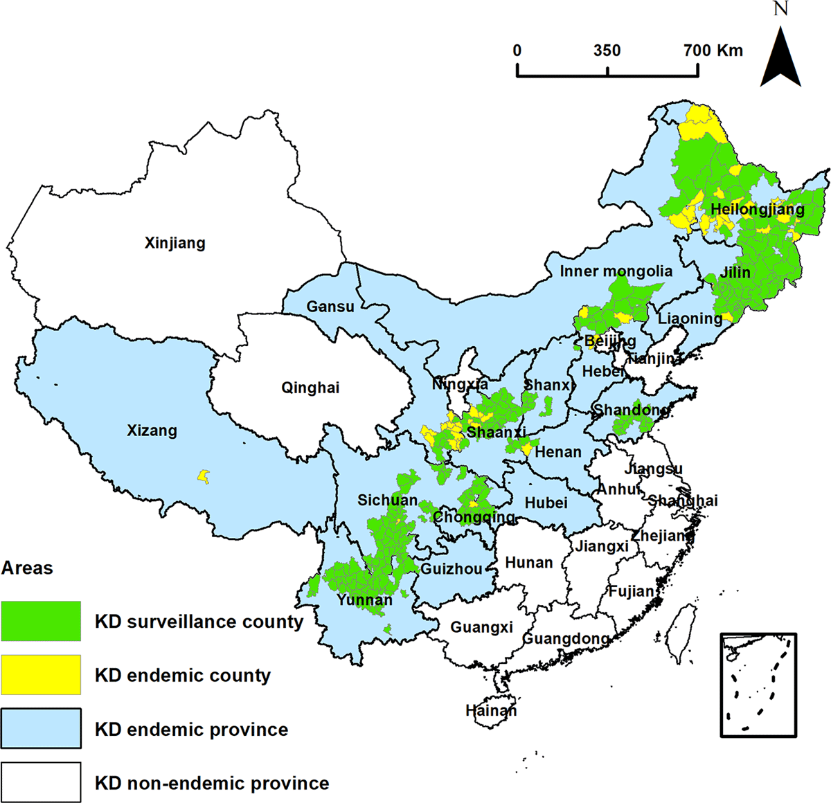 The spatial distribution of KD endemic areas