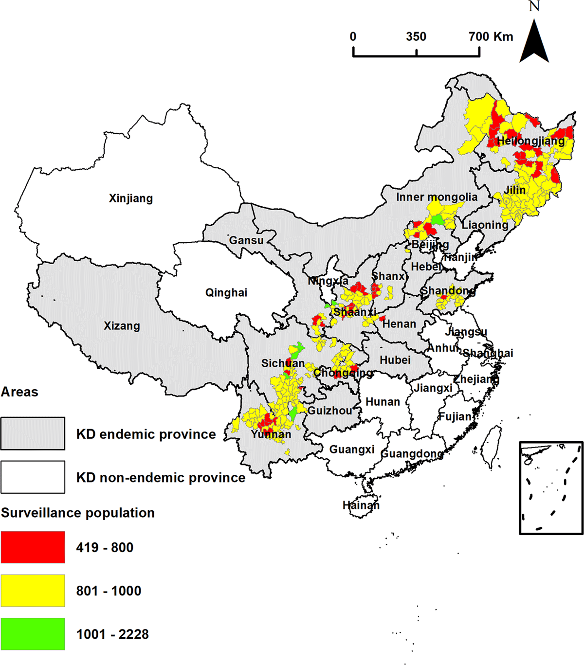 The spatial distribution of the study population in KD endemic areas