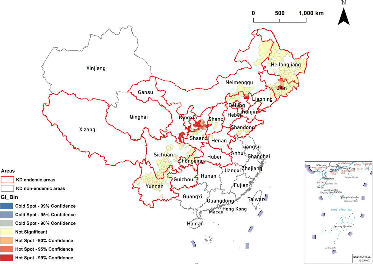 Clusters identified by Local Getis-Ord Gi* analysis for LKD prevalence by county in China. Red borders in the spatial thematic map represent KD-endemic areas. Colors in the spatial thematic map represent hot spots and cold spots of spatial clustering with 90% CI, 95% CI, and 99% CI