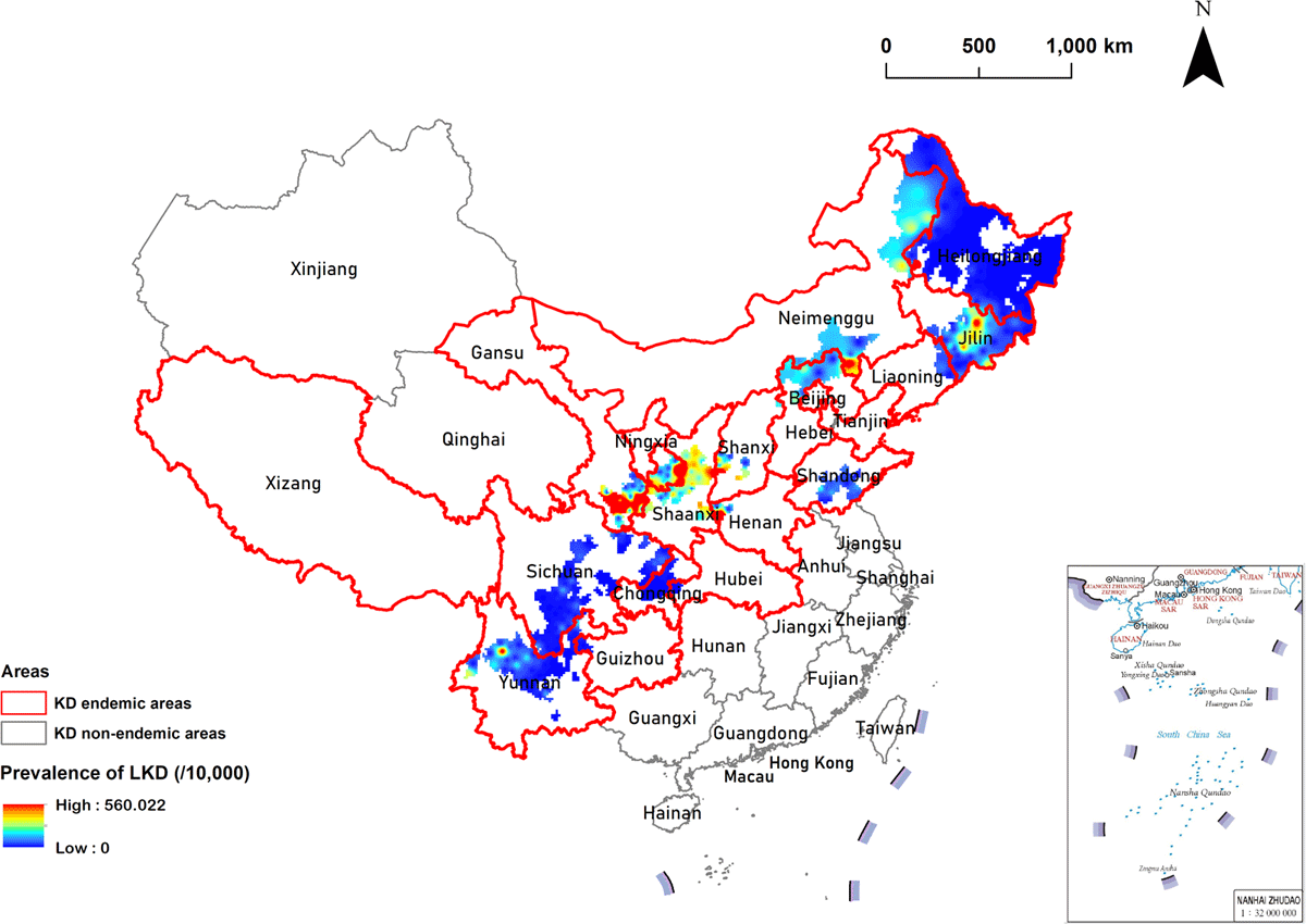 Spatial interpolation analysis of LKD prevalence in China. Red borders in the spatial thematic map represent KD-endemic areas. The blue to red colors in the spatial thematic map indicate gradual increases in LKD prevalence