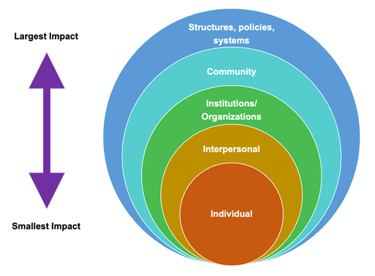 This figure portrays an adapted social ecological model with levels of impact ranging from individual to structures, policies, and systems