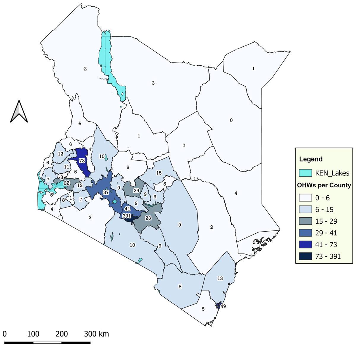 The number of OHWs has been indicated within each county boundary and illustrated by a gradient of blue shades