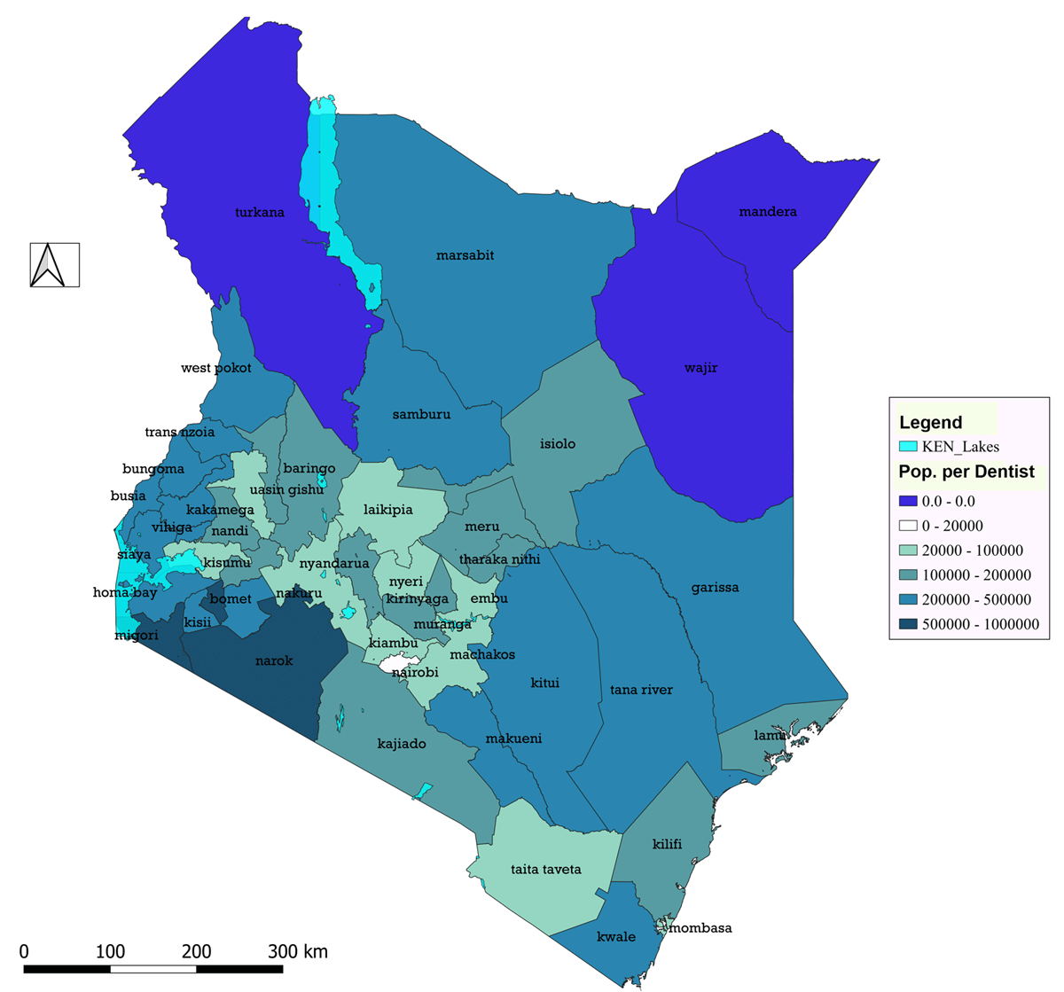 The population per dentist in each county has been illustrated with varying shades of blue