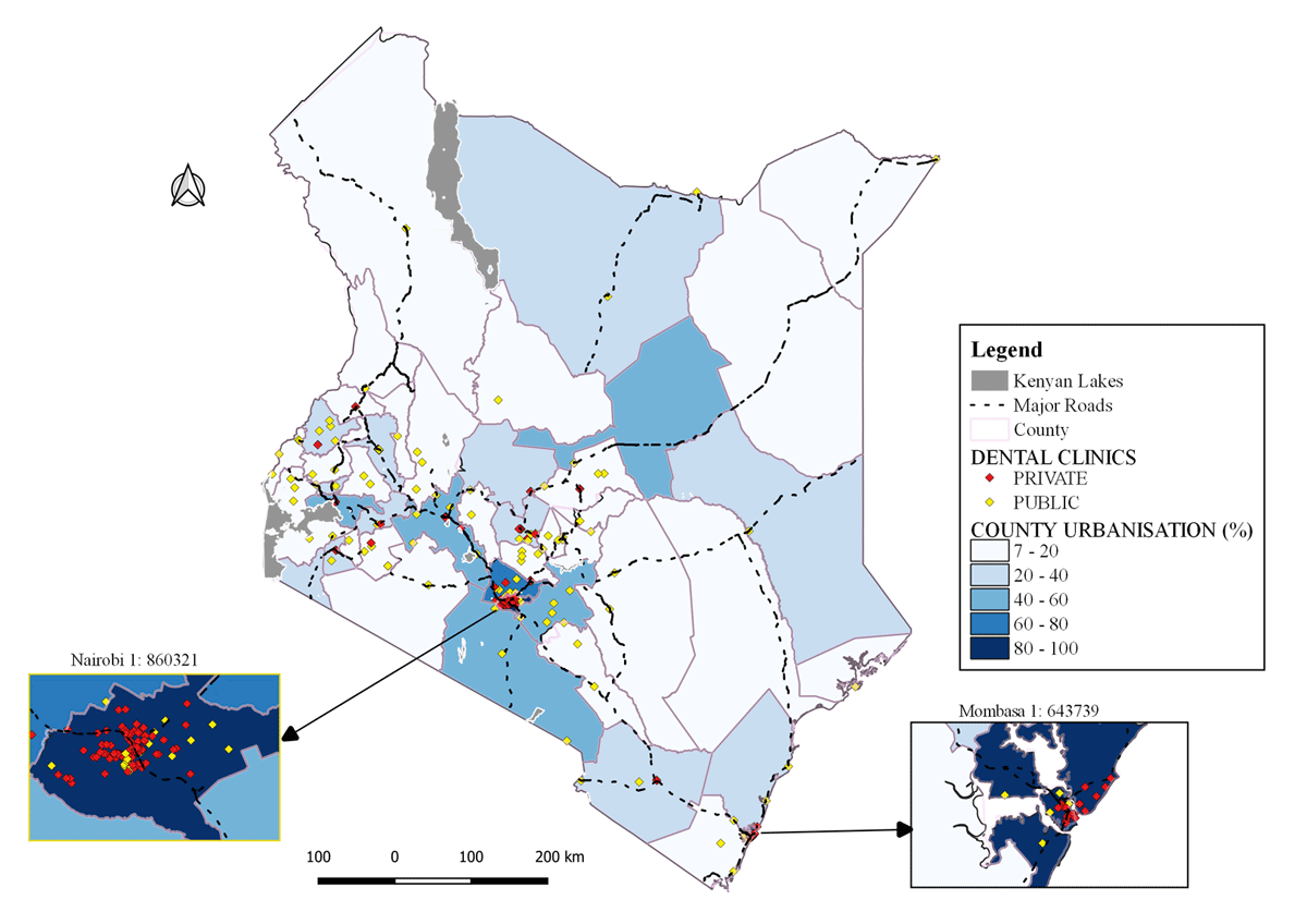 Public and private dental clinics overlaid over county urbanisation levels