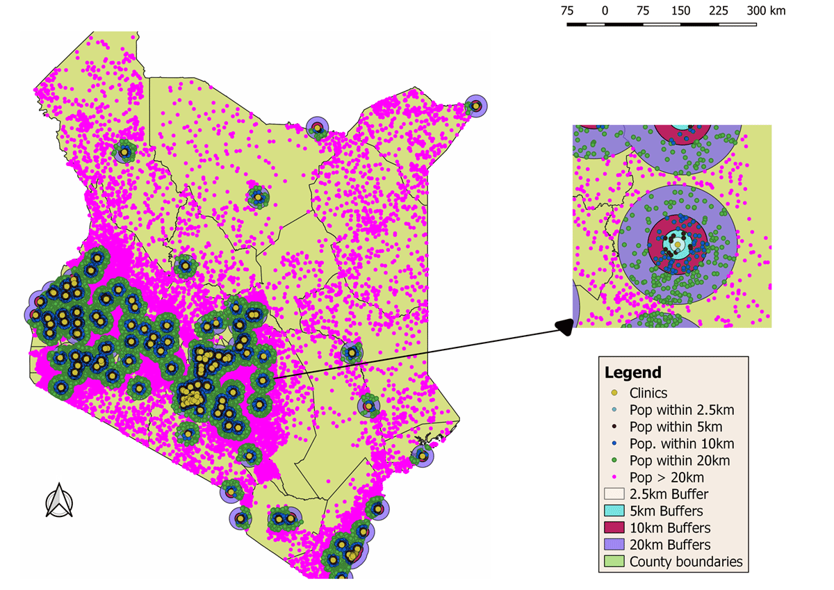 Kenyan Population within 2.5, 5.10,20 and >20 Kms from the nearest dental facility/clinic