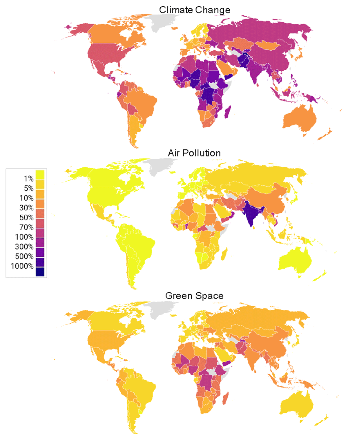 Maps of % changes in annual social costs of mental illness attributable to environmental factors under study in 2050