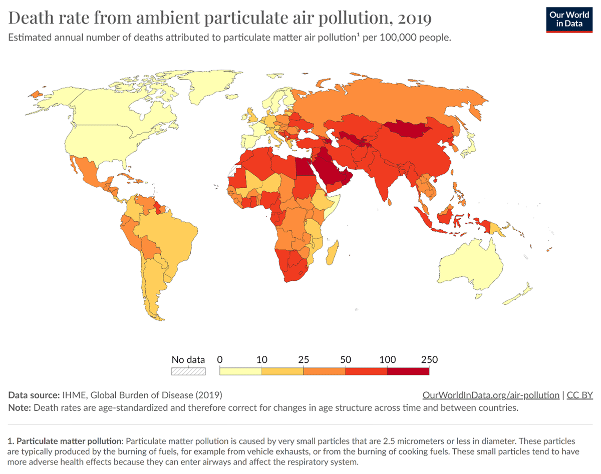 Death rate from ambient particulate air pollution by country, 2019. Source: IHME [14]