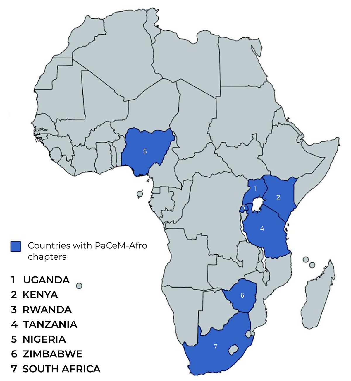 A map of Africa showing countries with PaCeM-Afro chapters