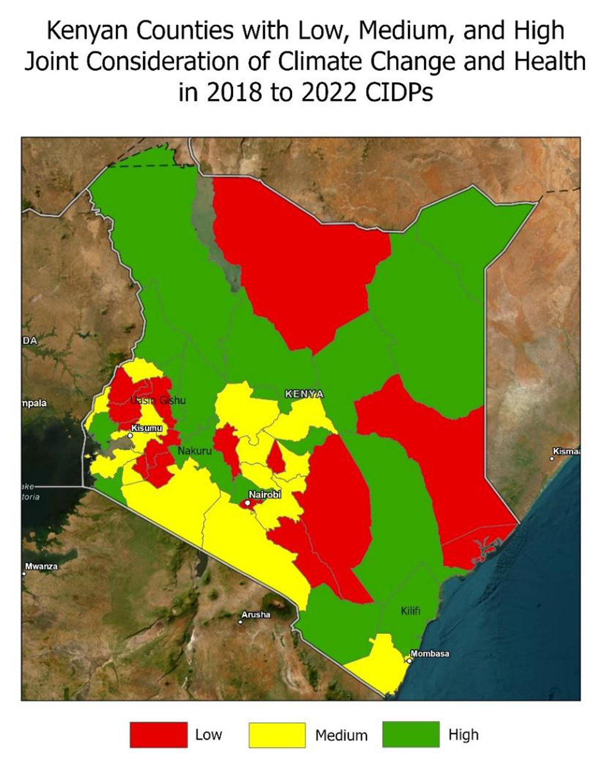 Color coded map of all 47 counties in Kenya by CHA score