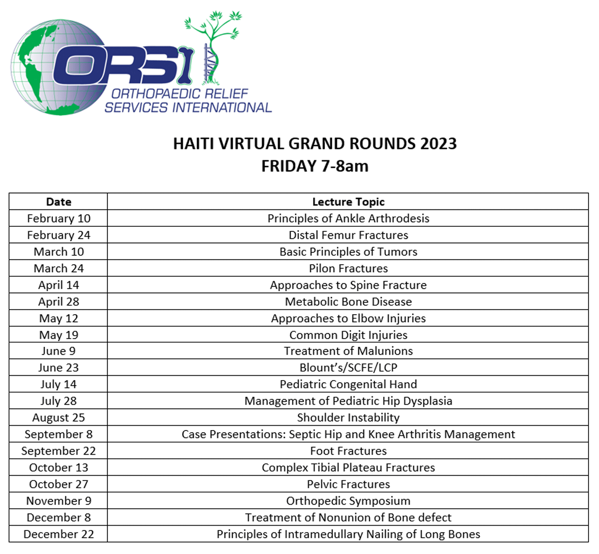 Virtual Grand Rounds schedule for 2023 year, highlighting lecture topics and dates