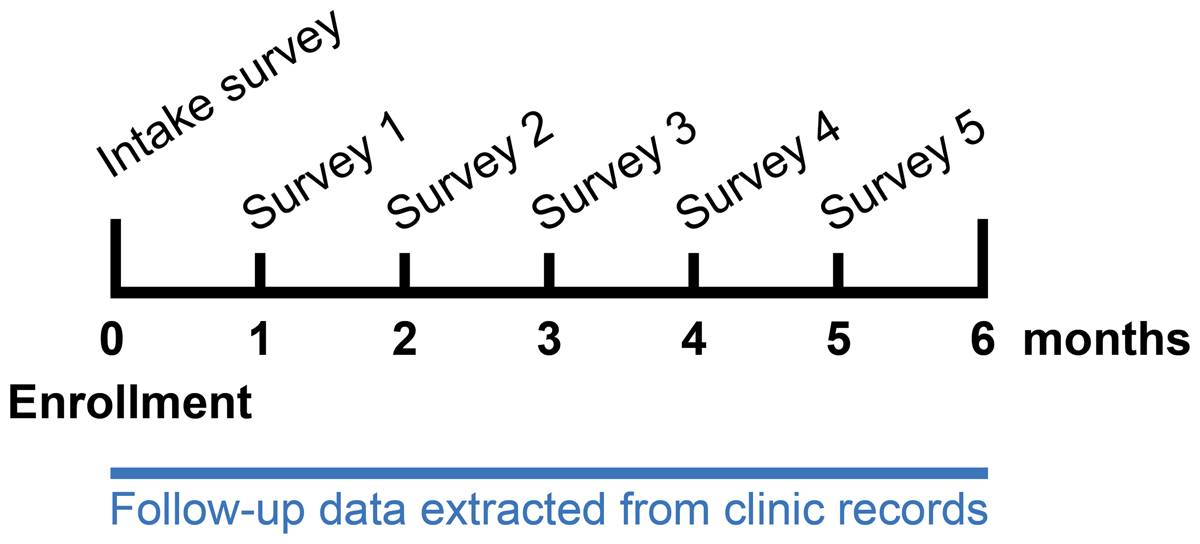 Data collection timeline spanning six months, including an intake survey, five monthly surveys and continuous extraction of follow-up data from clinic records