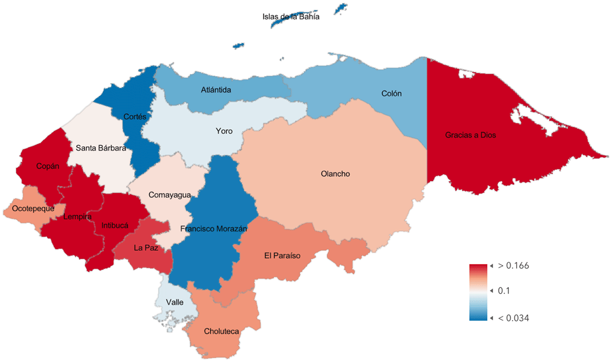 Map of Honduras showing department-level poverty data