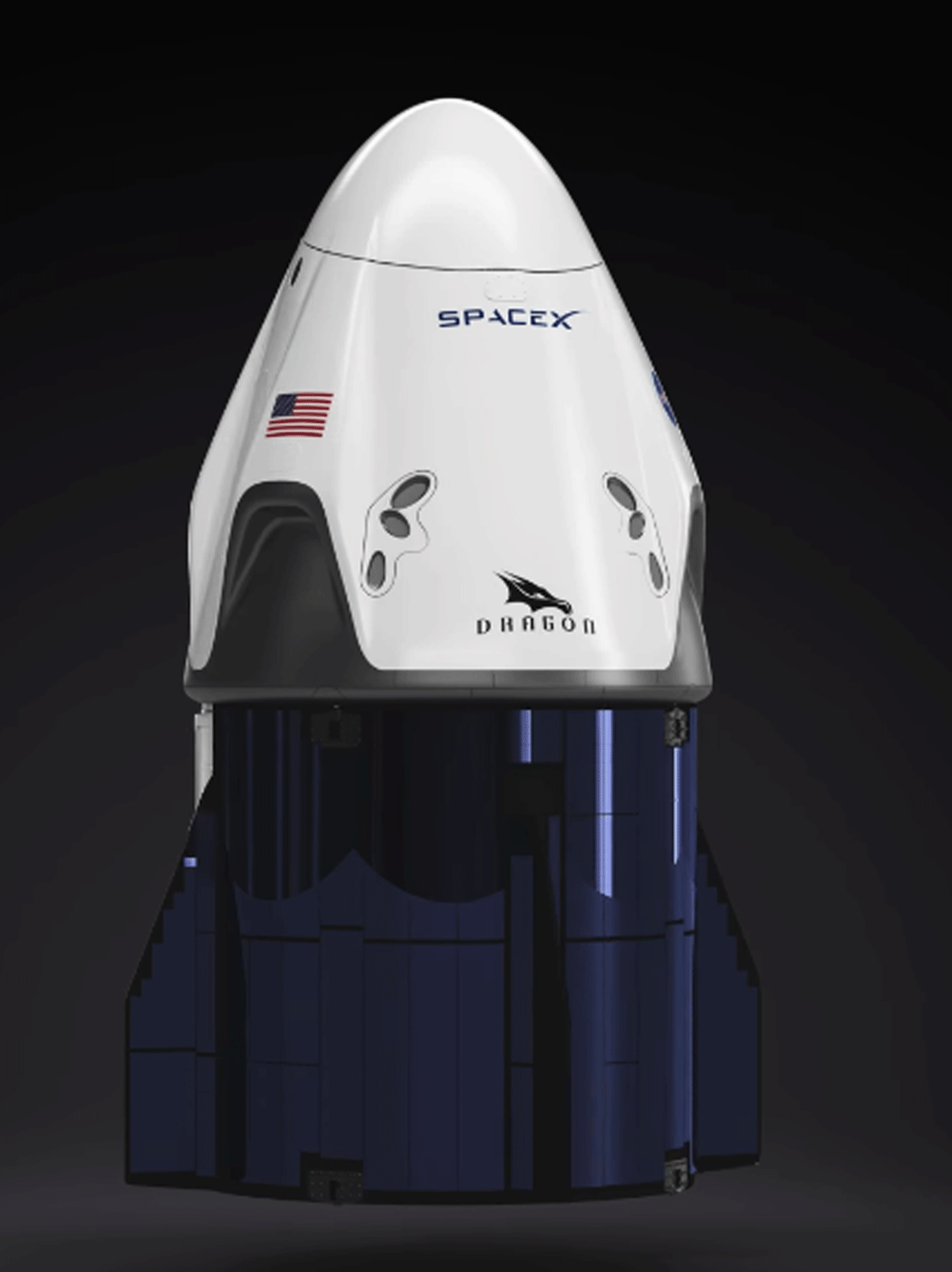 Figura 2 Espaçonave Dragon com bandeira americana e marca gráfica da SpaceX.