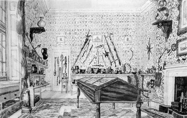 The Museum Room, Audley End c. 1845, likely displaying artefacts collected by Neville’s father (reproduced after Jeffrey, 2002: 21, with kind permission of English Heritage).