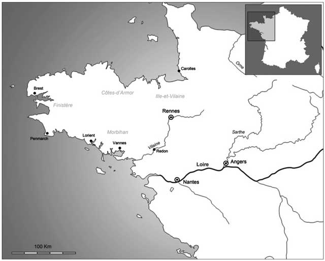 Map of Western France, showing localities cited in the text (drawn up by the authors after D. Dalet, http://d-maps.com).