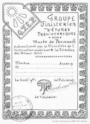 Membership card of the Groupe Finistérien d’Études Préhistoriques (GFEP). From the 1920s. © Labo Archéosciences UMR 6566 CReAAH.