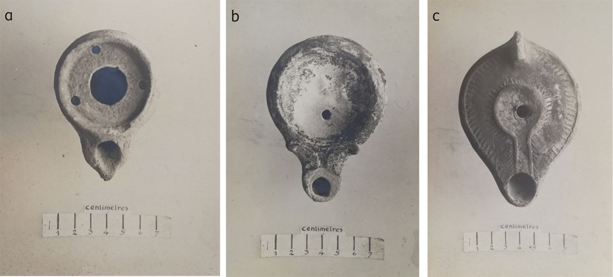 Three b&w archaeological photos of three lamps from excavations