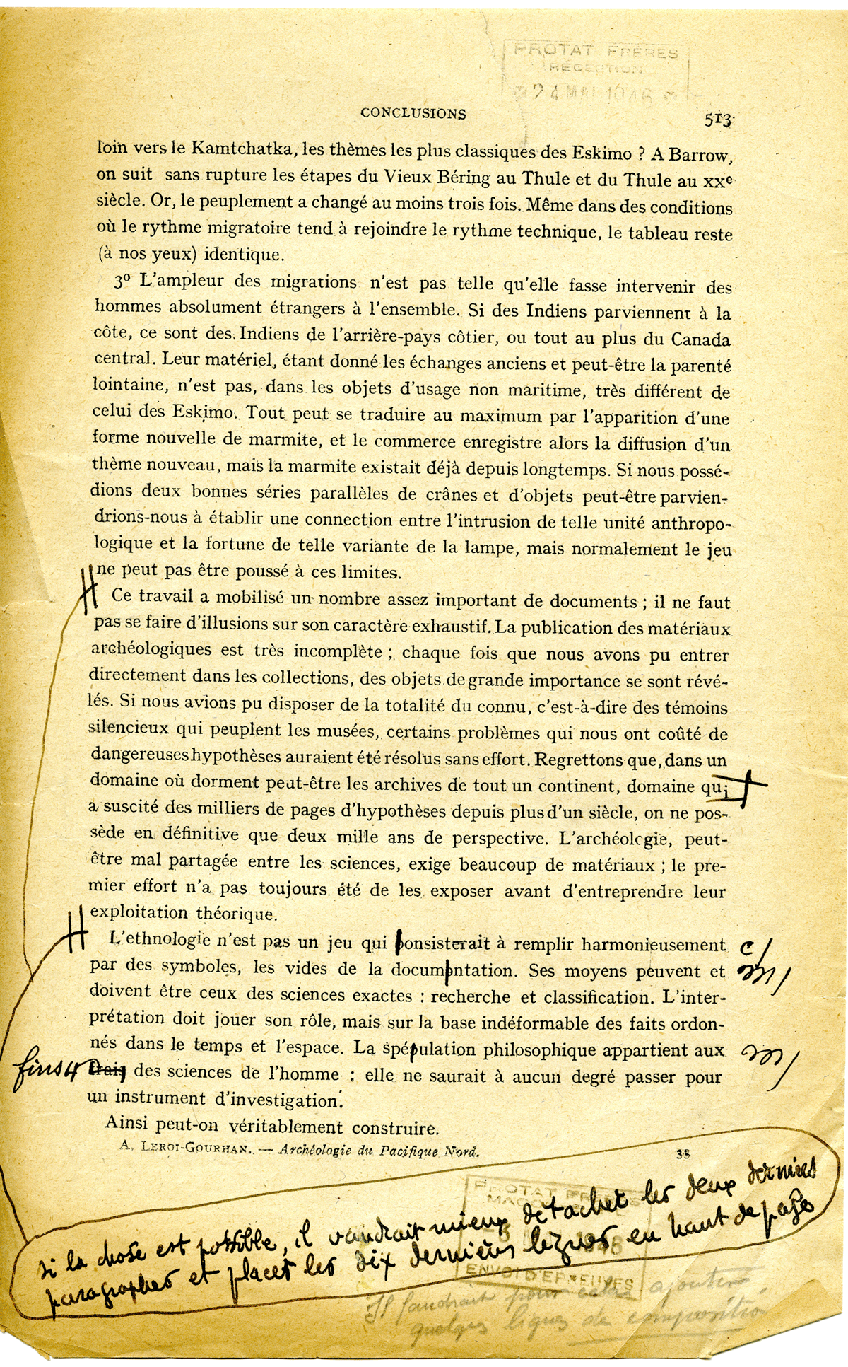 Proof of page 513 of Archéologie du Pacifique-Nord, sent out on 3 May 1946 by Protat Frères, received back on 24 May. Note Leroi-Gourhan’s comment at the bottom of the page and, in fainter ink, the printers reply (transcribed and translated in this article).