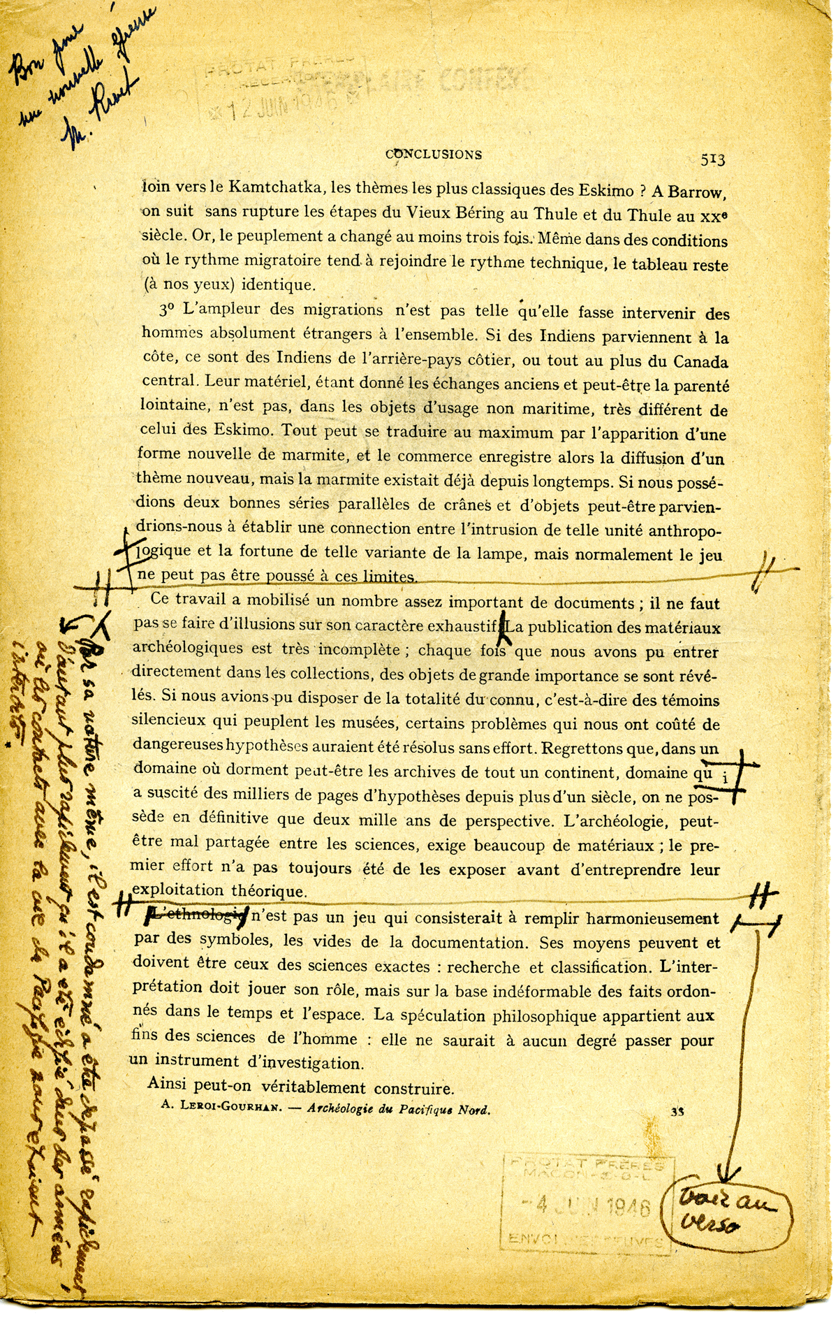 Proof of page 513 of Archéologie du Pacifique-Nord, sent out on 4 June 1946 by Protat Frères, received back on 12 June. Here Leroi-Gourhan added a text paragraph (on the left hand margins), and some indications to the printers (encircled) – see verso.