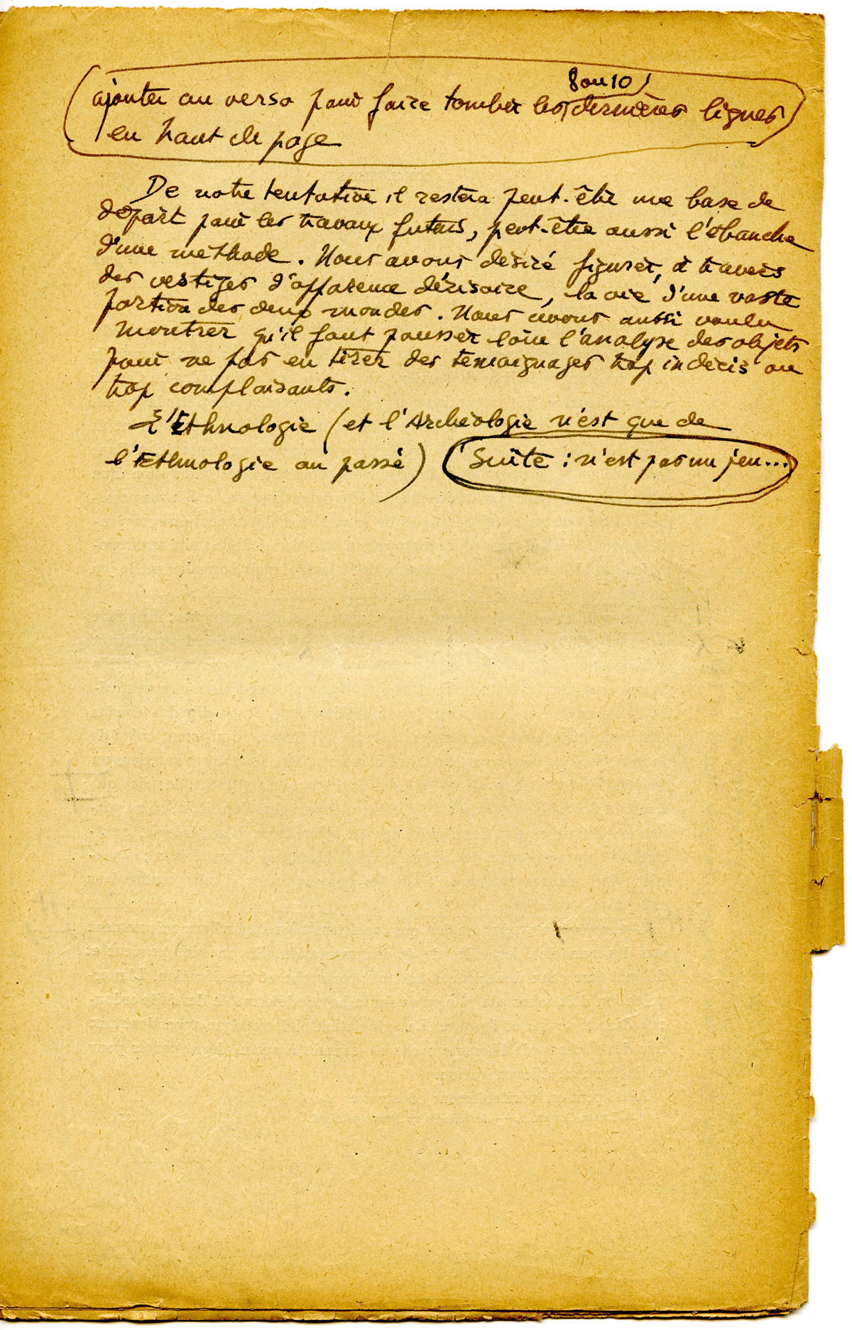 Proof of page 513 of Archéologie du Pacifique-Nord (verso), sent out on 4 June 1946 by Protat Frères, received back on 12 June. Verso of page. Leroi-Gourhan’s indications to the printers (encircled) are followed by an added text paragraph.