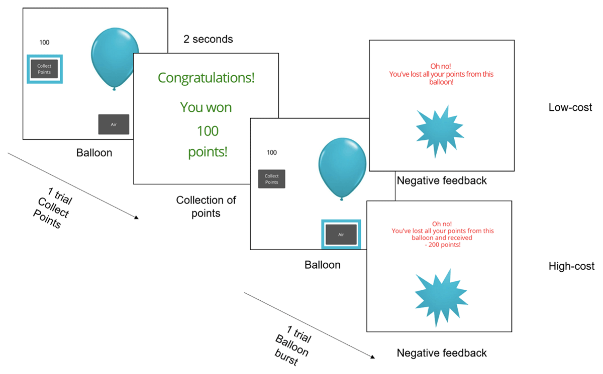 A schematic of the BART task, showing different possible outcomes