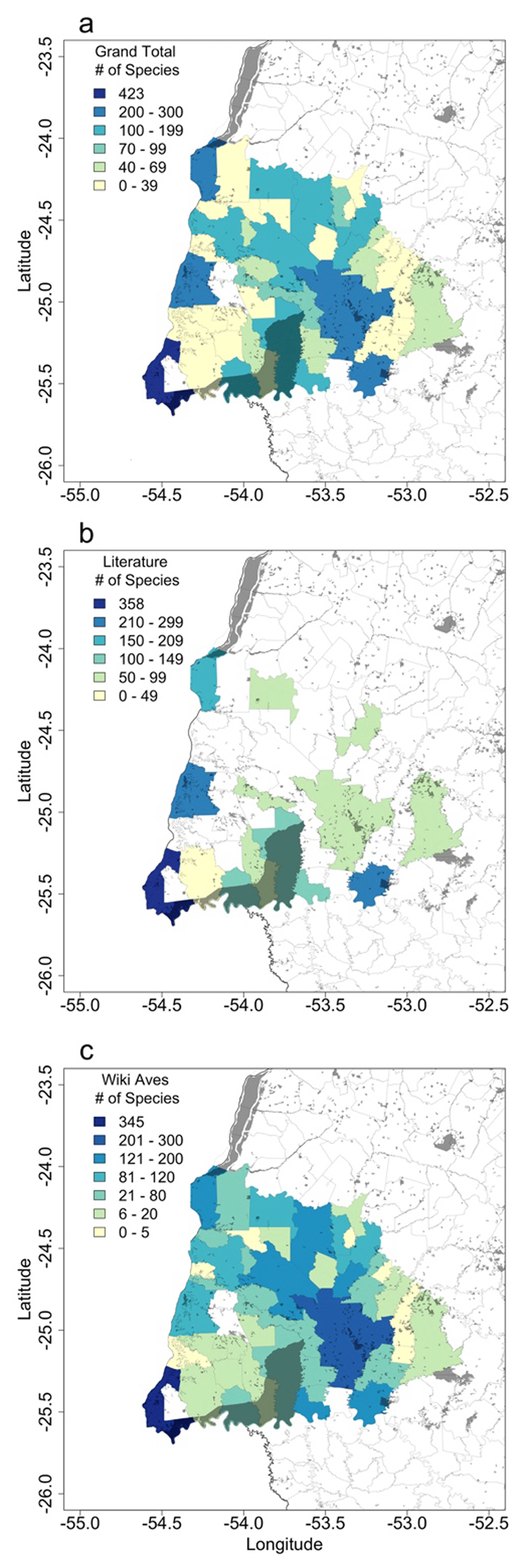 (a) Total number of species reported (summing literature and WikiAves records) in the 48 of the 50 municipalities in western Paraná, southern Brazil, (b) total number of species reported in the literature in the 15 municipalities in which avian research took place, and (c) total number of species reported by citizen scientists in Wiki Aves by municipality, in 48 of the 50 municipalities they visited. Gray areas indicate forest fragments.