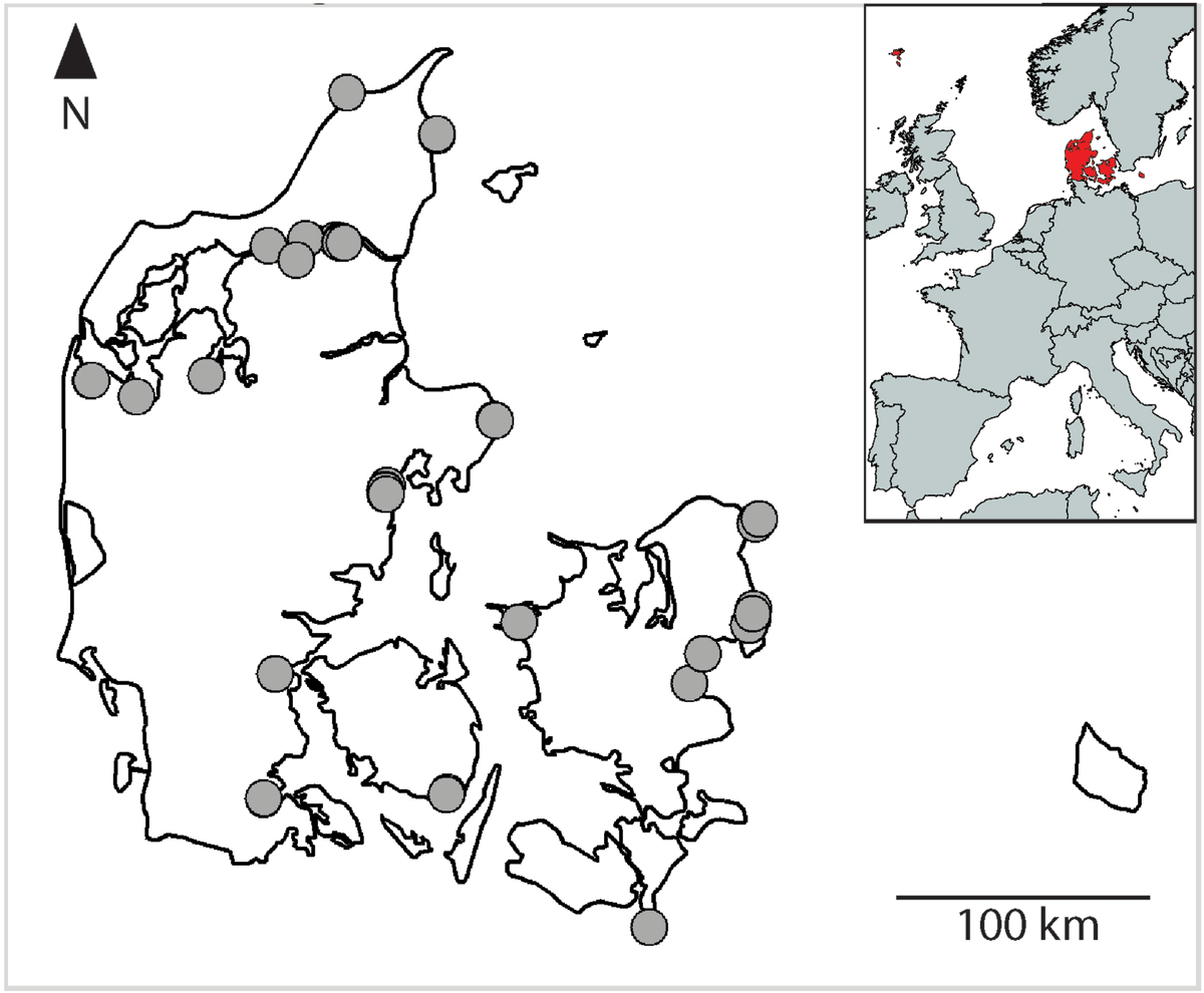 Geographical distribution across Denmark of the 47 analyzed marine samples from 2017–2018