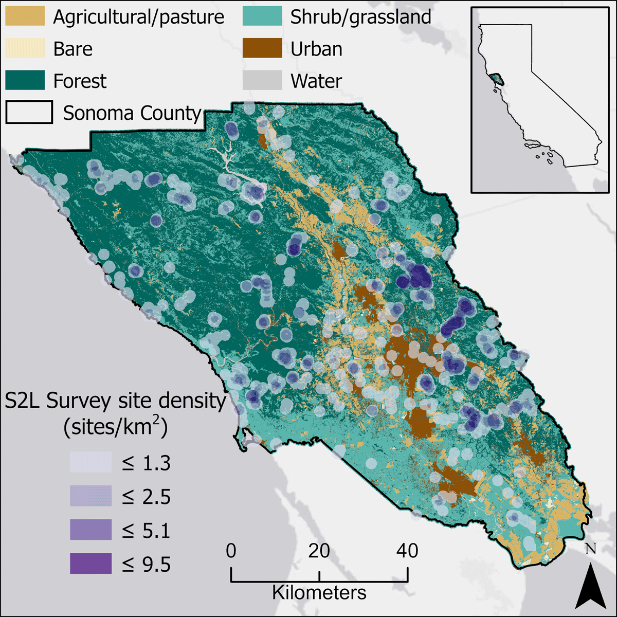 Map of Sonoma County, CA, USA with variable land cover and S2L sample sites distributed broadly across the county