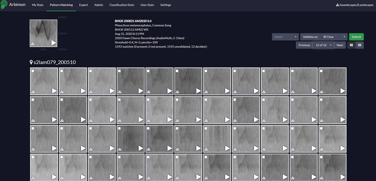 Template thumbnail of spectrogram at top of screen with 44 additional thumbnails/potential matches below