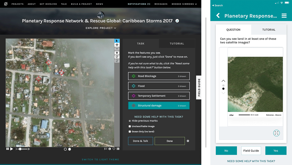 Example web (left) and mobile (right) interface for Zooniverse Planetary Response Network projects. Left: Image shown: Barbuda, September 2017. Right: Image shown: Bahamas, September 2019. Satellite imagery credit: Maxar Technologies’ Open Data Program