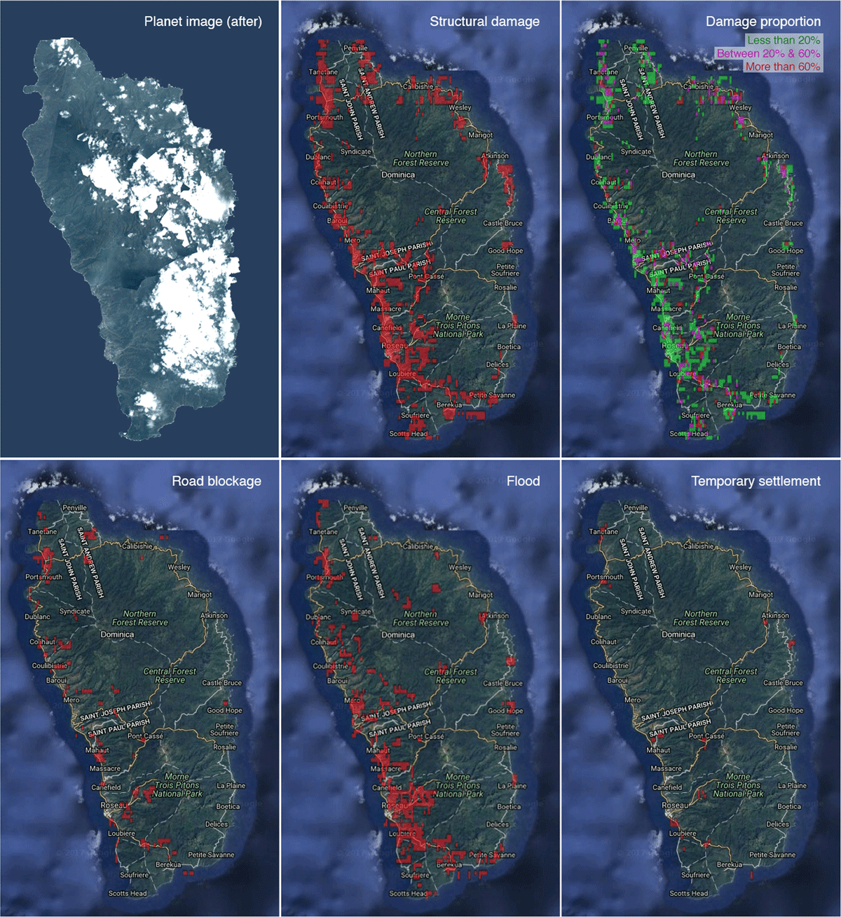 Heat maps for labeled features in Dominica following Hurricane Maria in 2017. Web-based maps may be zoomed in to show further detail. Satellite imagery credit: Planet Team (2017) License: CC-BY-SA