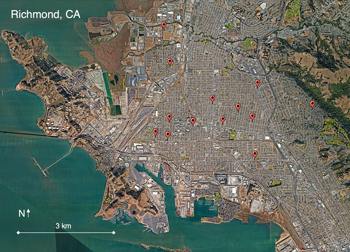 Locations of Tiny Free Seed Libraries (TFSLs) established by Richmond Grows Seed Lending Library (RGSLL) in Richmond, CA in response to the COVID-19 crisis, 2020