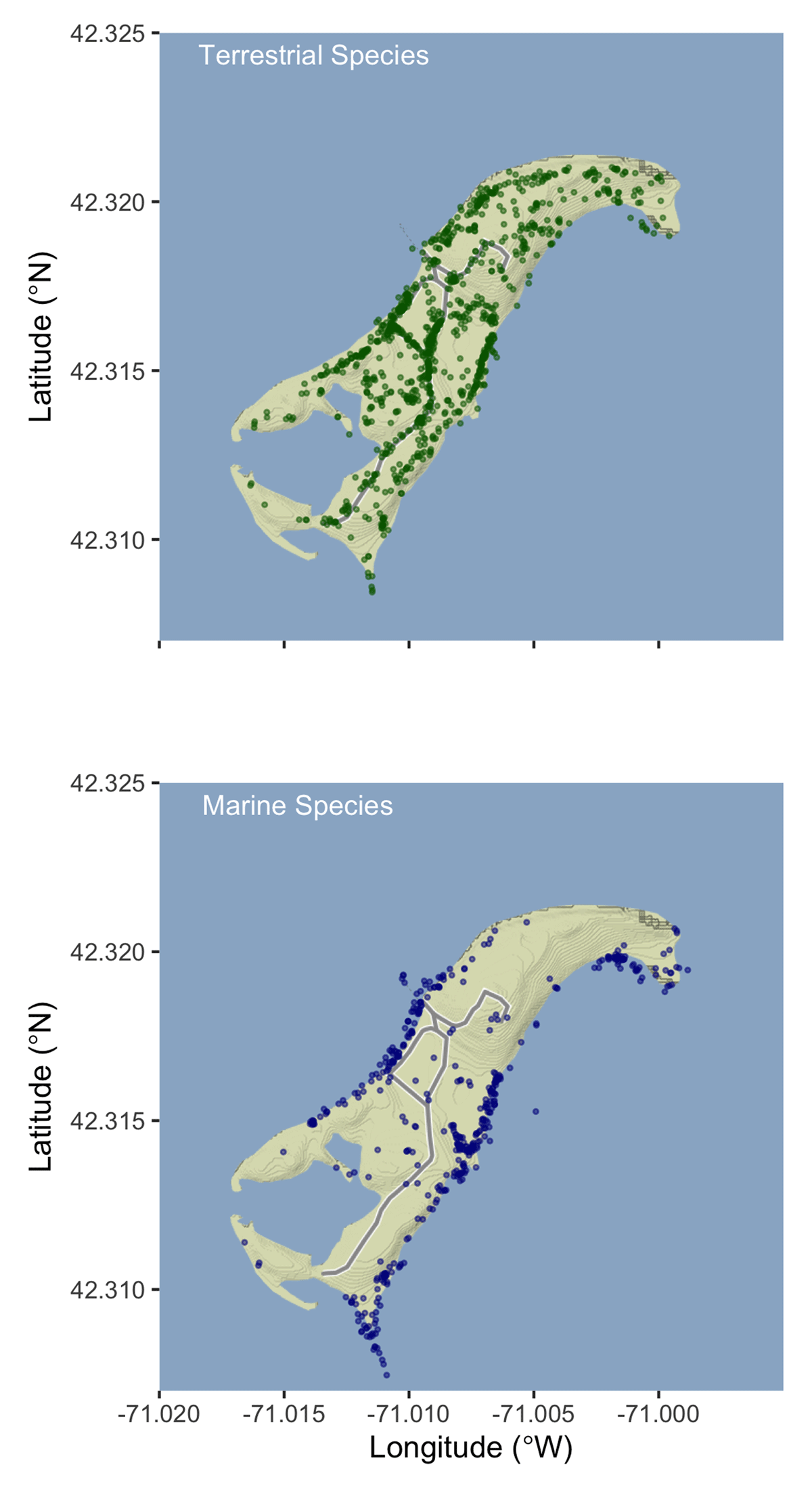 Location of student observations on Thompson Island, Boston Harbor, Massachusetts generally follows expectations for terrestrial species