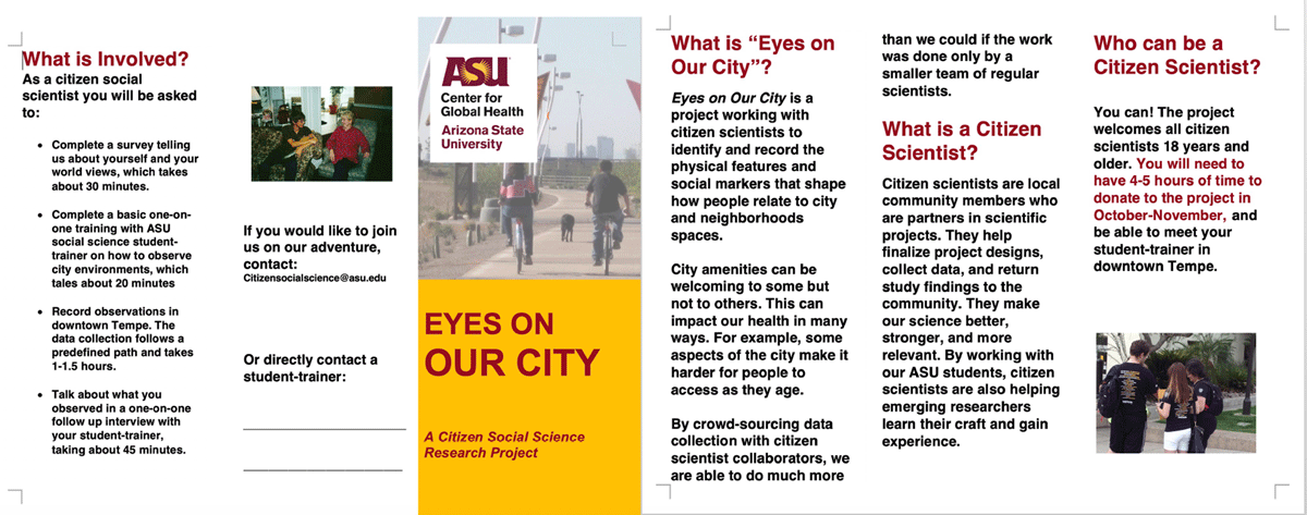 Recruitment brochure for citizen social science project “Eyes on OUR City.”